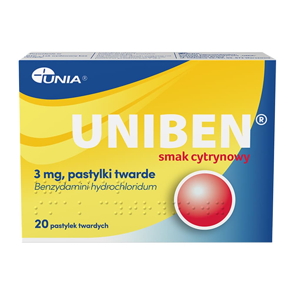 Uniben na ból gardła o smaku cytrynowym 20 pastylek twardych